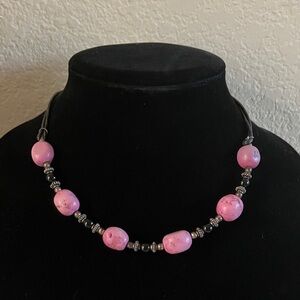 Chic Pink and Silver Beaded Necklace on Leather Cord